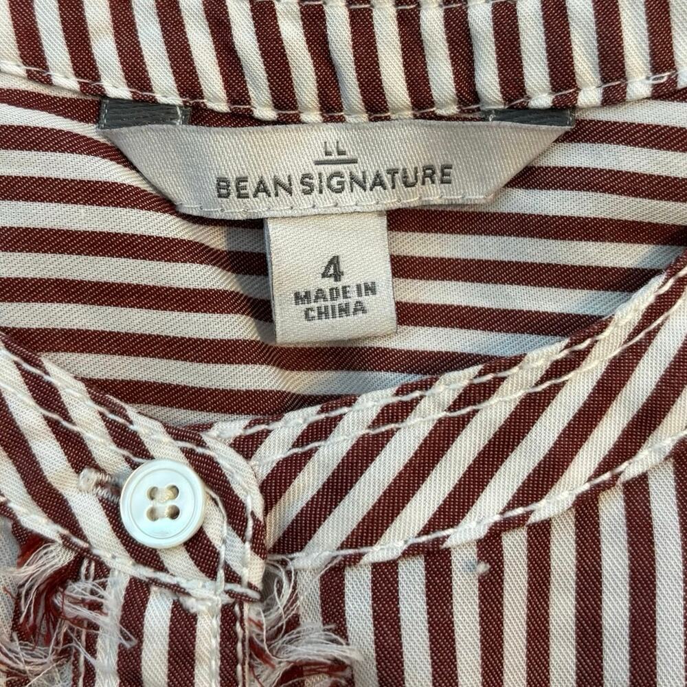 LL Bean Signature Womens Size 4 Button Up Shirt Striped Fray Detail Burgundy - Picture 4 of 6